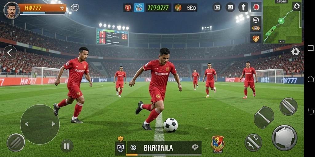 Tangkapan layar HW777 menampilkan aksi seru di lapangan sepak bola.
