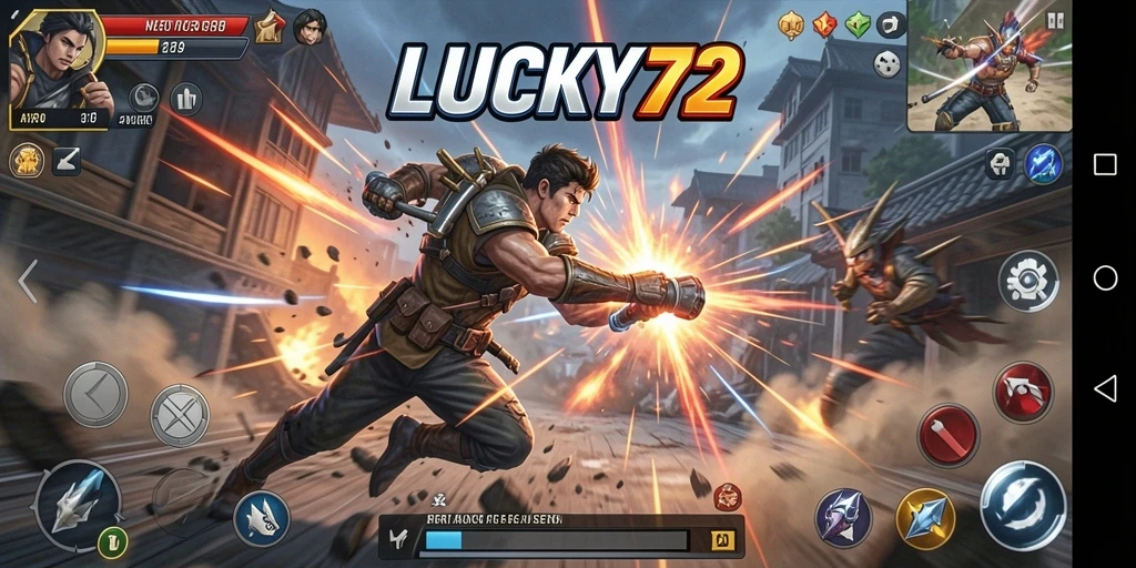 Screenshot LUCKY72 menampilkan aksi seru dengan karakter yang berjuang di medan perang.