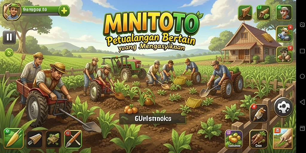Tampilan gameplay MINITOTO yang menampilkan kebun yang rimbun dan hewan ternak.