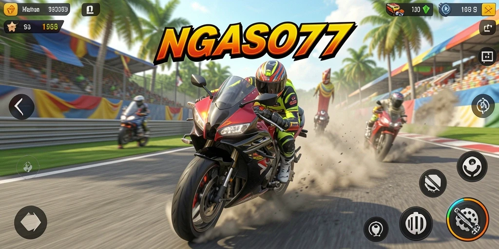 Screenshot gameplay NGASO77 dengan aksi balapan motor yang seru.