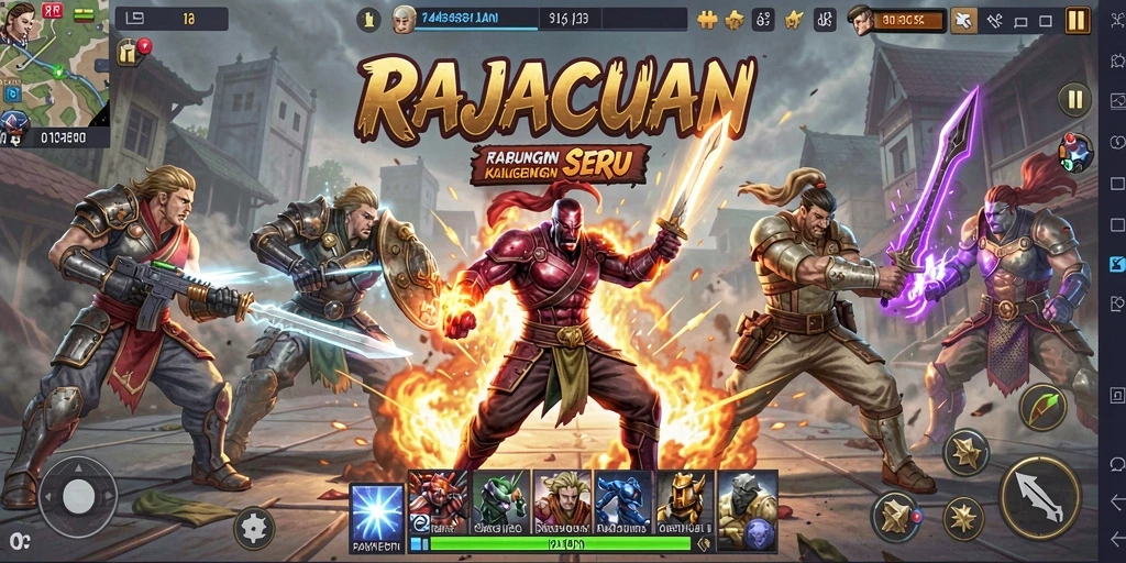 Tampilan gameplay RAJACUAN dengan pertarungan seru antar karakter.