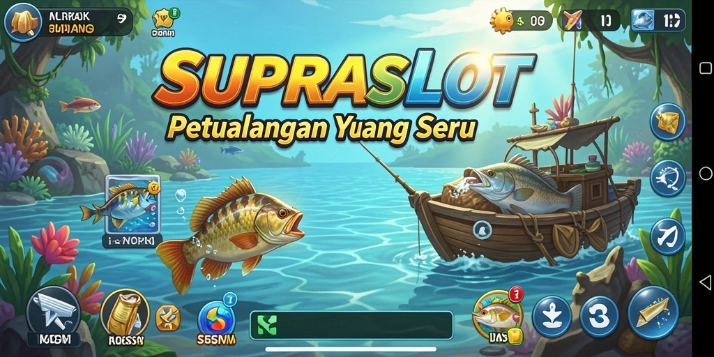 Tampilan gameplay SUPRASLOT yang seru saat memancing ikan di laut.