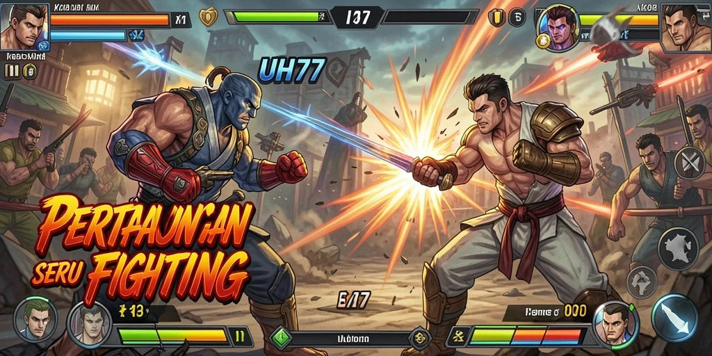 Gameplay UH77 menampilkan pertarungan seru antara karakter-karakter kuat.