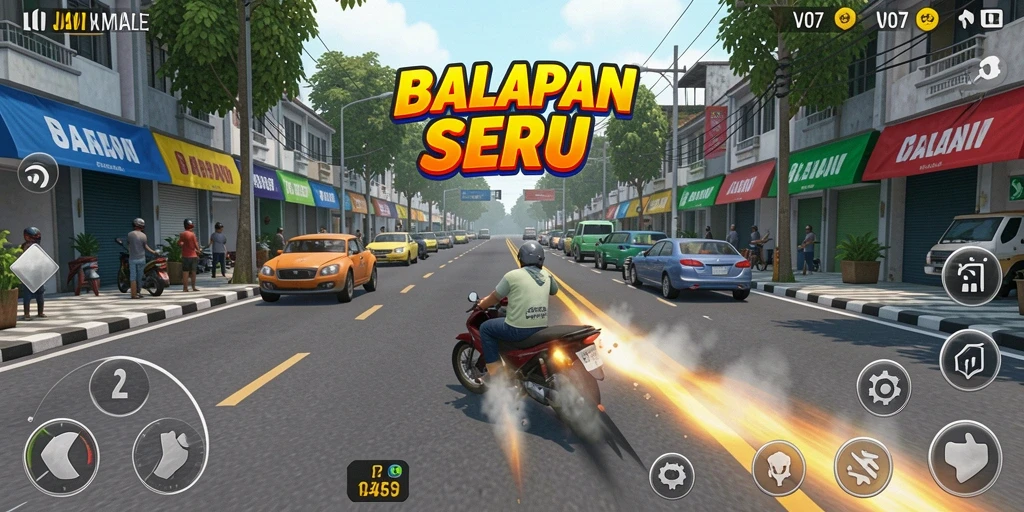 Tangkapan layar V07 menunjukkan aksi balapan dengan mobil yang melaju kencang di trek.