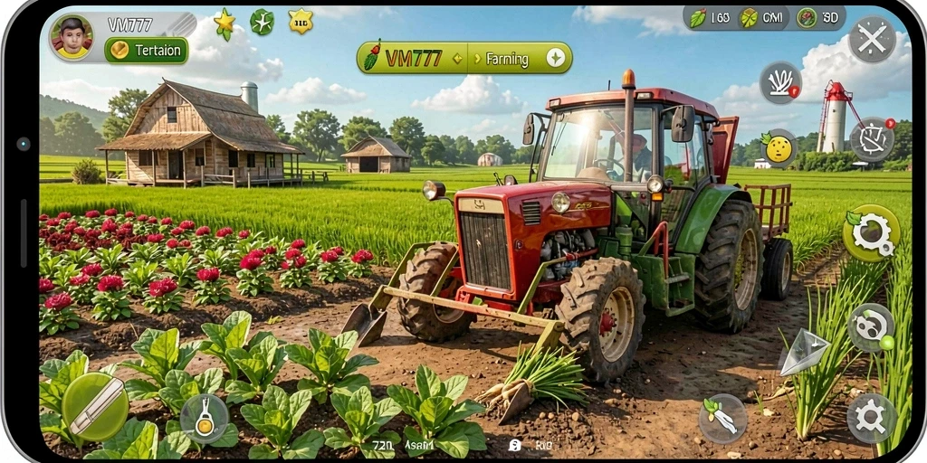 Screenshot gameplay VM777 yang menampilkan pertanian yang subur dan interaksi pemain.