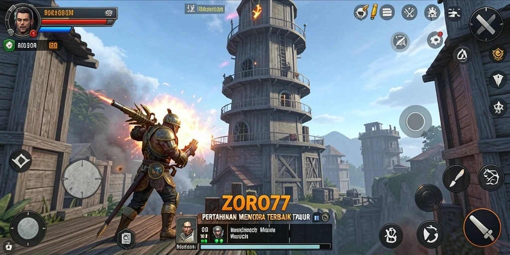 Screenshot gameplay ZORO77 menampilkan pertahanan menara yang dinamis.